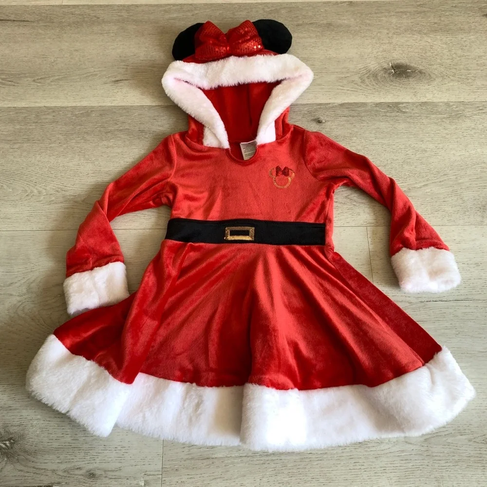 Disney Minnie Mouse Girls Santa Christmas Dress Red Velour Faux Fur‎ 3T RN16435